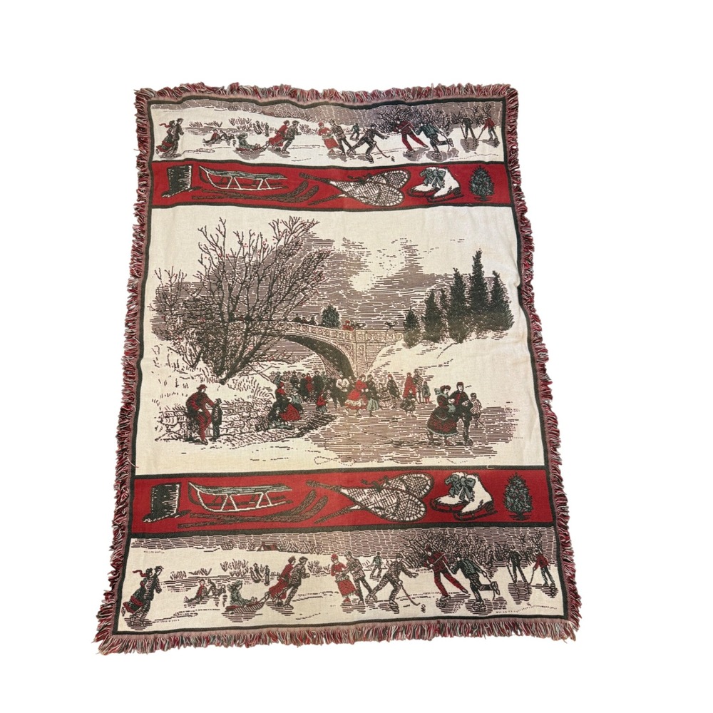 Goodwin Weavers Victorian Winter Scene Woven Cotton Throw Blanket Fringed USA